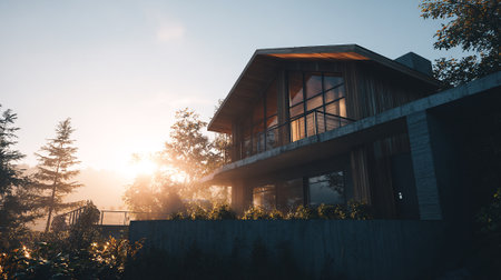 Modern Architecture: A Stylish House Bathed in Golden Light during Sunriseの素材