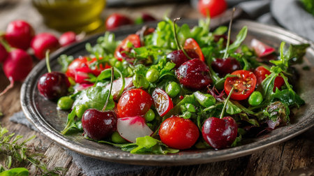 Fresh cherry tomato salad with radish and green peas on rustic plate.の素材