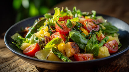 Fresh Garden Salad Bowl with Cherry Tomatoes, Croutons, and Asparagusの素材