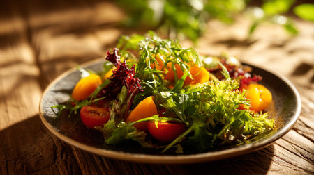 Fresh Salad with Cherry Tomatoes and Arugula on Wooden Tableの素材