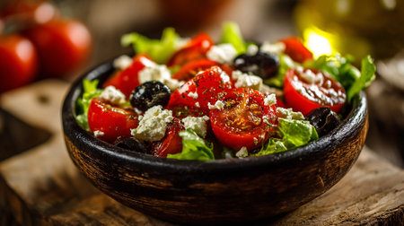 Rustic Tomato and Feta Salad in a Wooden Bowl, Healthy Eating.の素材