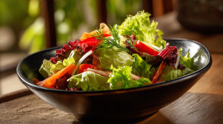Fresh Garden Salad with Dill in Black Bowl on Wooden Surfaceの素材