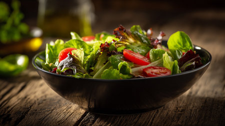 Fresh Green Salad with Tomatoes Served in a Rustic Bowlの素材