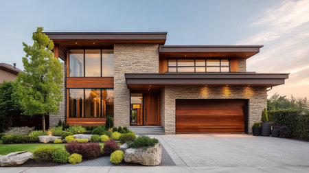 Modern Architecture Home with Stone Facade and Beautiful Landscaping Designの素材