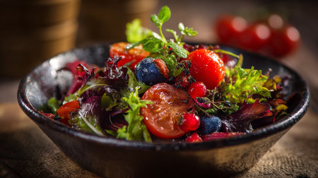 Fresh and Colorful Salad with Tomatoes, Blueberries, and Herbs in Rustic Bowlの素材