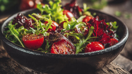Fresh Rustic Salad with Red Tomatoes and Greens in a Dark Bowlの素材