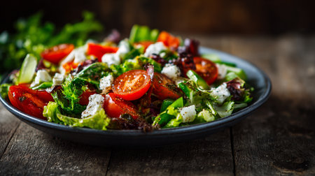 Fresh and Vibrant Summer Salad with Tomatoes and Feta on Woodの素材