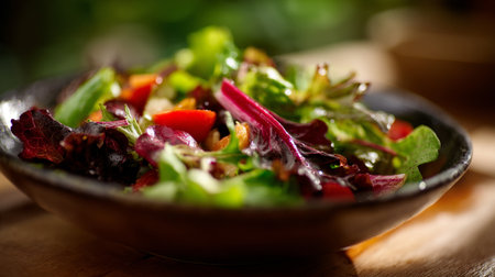 Fresh and Vibrant Salad Bowl with Leafy Greens and Bright Red Tomatoesの素材