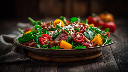 Vibrant salad featuring colorful tomatoes, greens, and seeds on a rustic wood tableの素材