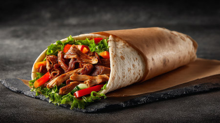 Tortilla wrap with grilled meat and vegetables on dark background.の素材