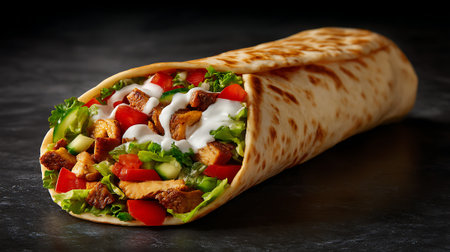 Tortilla wrap with chicken, vegetables and sauce on black backgroundの素材