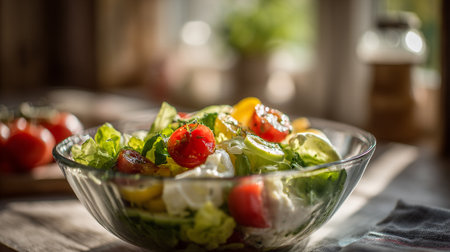 Fresh and Appetizing Salad in a Glass Bowl on a Wooden Tableの素材