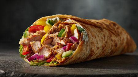 Tortilla wrap with meat, vegetables and sauce on dark backgroundの素材