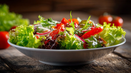 Colorful mixed salad with fresh vegetables on a rustic wooden table surface.の素材