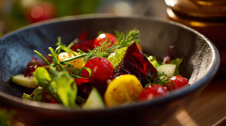 Fresh and Vibrant Salad in Dark Bowl with Natural Sunlightの素材