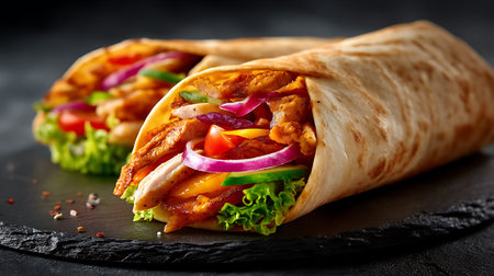Tortilla wrap with chicken meat and vegetables on a black backgroundの素材