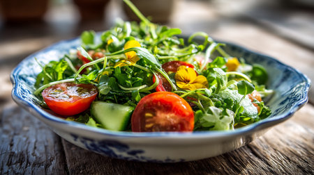 Vibrant salad featuring fresh garden greens, tomatoes, cucumber, and edible flowersの素材