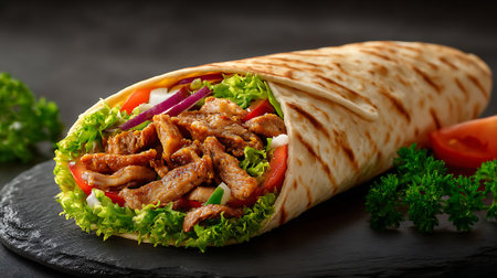 Doner kebab with meat and vegetables on a dark backgroundの素材