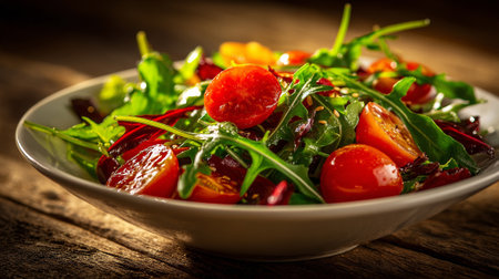 Fresh mixed salad featuring vibrant tomatoes and arugula on a wooden table.の素材