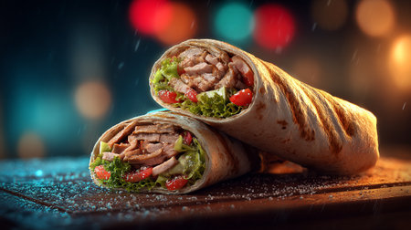 Tortilla wrap with fresh vegetables and meat on wooden background.の素材