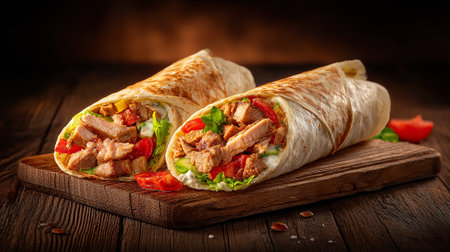Tortilla wrap with chicken and vegetables on rustic wooden backgroundの素材