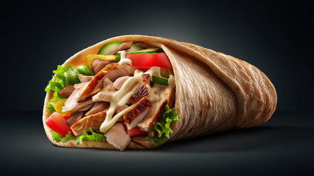 Doner kebab with chicken and vegetables on a dark backgroundの素材