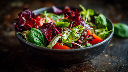 Fresh and vibrant salad bowl featuring mixed greens and tomatoes in dark tones.の素材