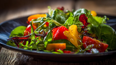 Fresh and Vibrant Salad with Mixed Greens on Rustic Wooden Tableの素材