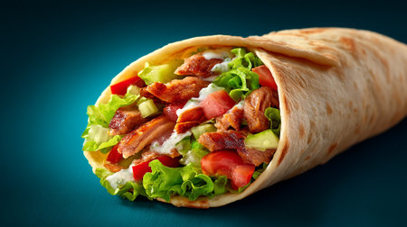 Tortilla wrap with bacon and vegetables on dark blue background.の素材