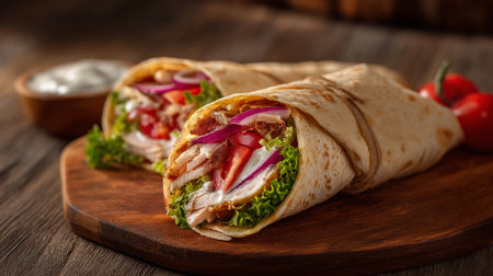 tortilla wrap with chicken and vegetables on a wooden background.の素材