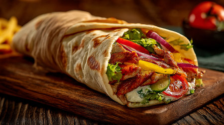 tortilla with meat and vegetables on a wooden background. Mexican cuisineの素材