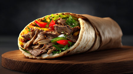 Tortilla with meat and vegetables on wooden board, closeupの素材