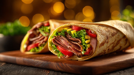 Tortilla wrap with meat and vegetables on wooden board, closeupの素材