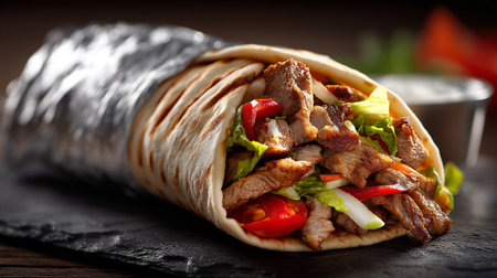 Tortilla wrap with grilled meat and vegetables on a dark backgroundの素材