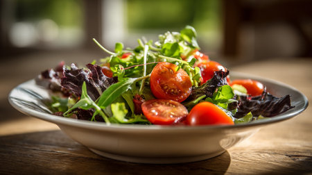 Fresh Garden Salad with Tomatoes and Mixed Greens on Wooden Tableの素材