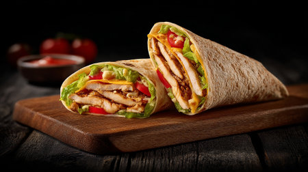 Tortilla wrap with chicken and vegetables on a wooden board.の素材