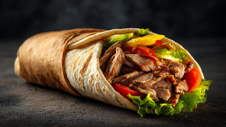 Doner kebab with meat and vegetables on a dark backgroundの素材