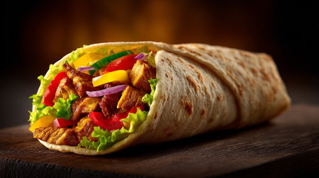 Tortilla with meat and vegetables on a dark wooden background.の素材