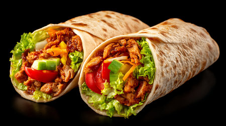 Tortilla wraps with meat, vegetables and sauce on black backgroundの素材