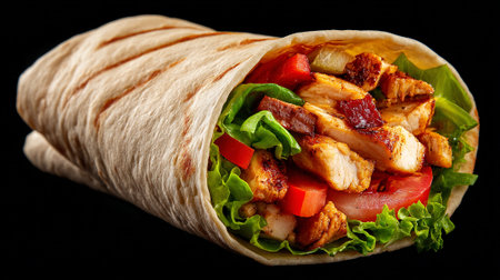 Tortilla wrap with grilled chicken and vegetables on black background.の素材