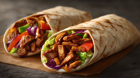 Tortilla wrap with meat and vegetables on grey table, closeupの素材