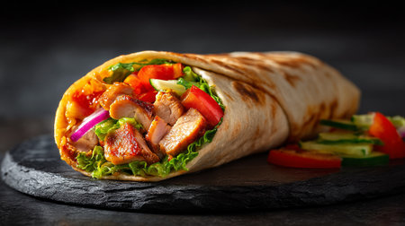 Tortilla wrap with chicken, vegetables and sauce on dark backgroundの素材