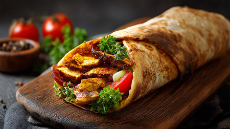 Tortilla wrap with meat and vegetables on a dark background.の素材