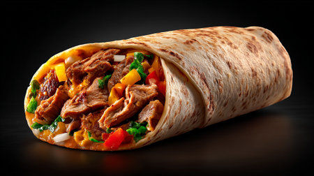 Tortilla wrap with meat and vegetables on a black background.の素材