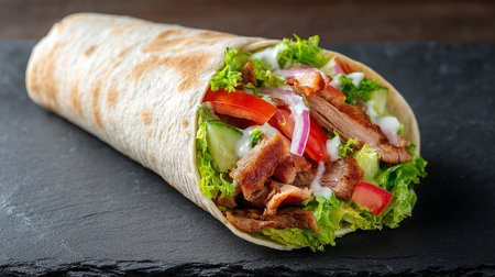 Tortilla wrap with grilled meat, lettuce, tomato and onionの素材