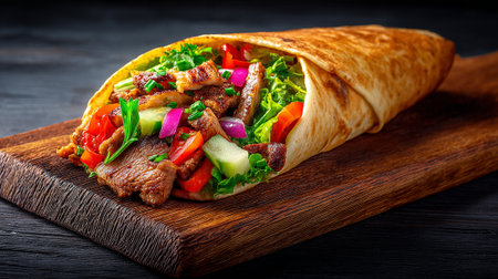 Doner kebab with meat and vegetables on a wooden boardの素材