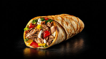 Tortilla wrap with meat and vegetables on a black background.の素材