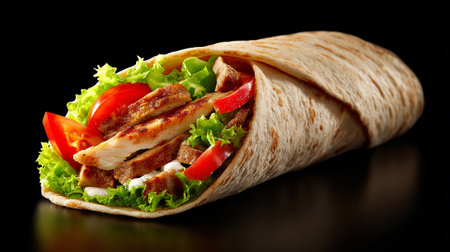 Tortilla wrap with grilled meat and vegetables on black background.の素材