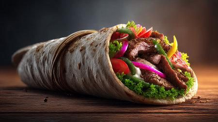 Doner kebab with meat and vegetables on a wooden backgroundの素材