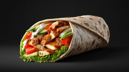 Tortilla wrap with grilled chicken and vegetables on a black backgroundの素材